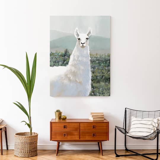 White Llama in Pasture 30" x 40" Canvas Wall Art